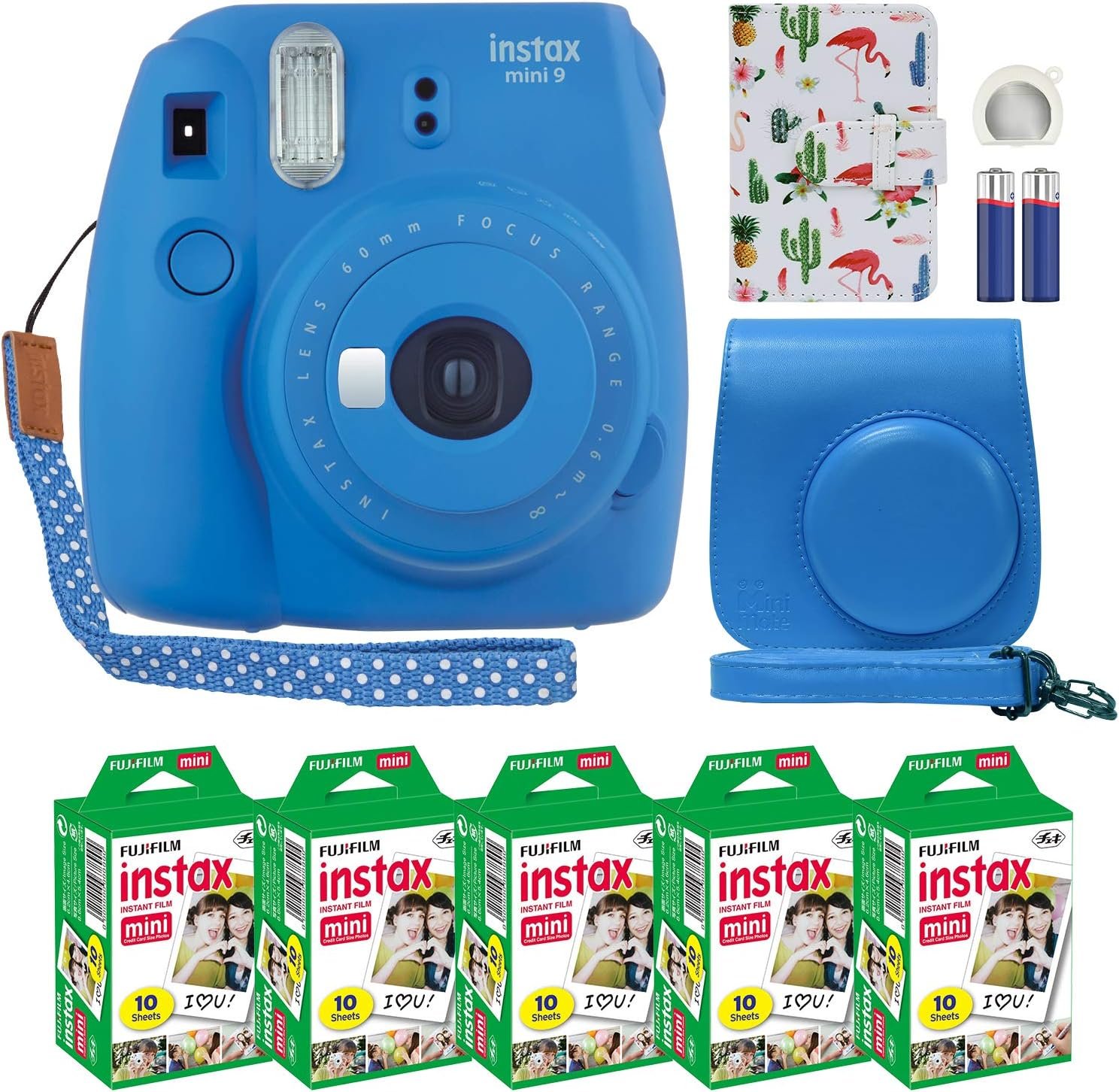 Fujifilm Instax Mini 9 Instant Camera Cobalt Blue with Custom Case + Fuji Instax Film Value Pack (50 Sheets) Flamingo Designer Photo Album