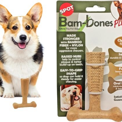 SPOT Bam-Bones Plus T-Bone, Bamboo Fiber & Nylon Dog Chew, Durable for Aggressive Chewers, Non-Splintering, for Adult Dogs & Teething Puppies Under 30lbs, 4in, Chicken Flavor