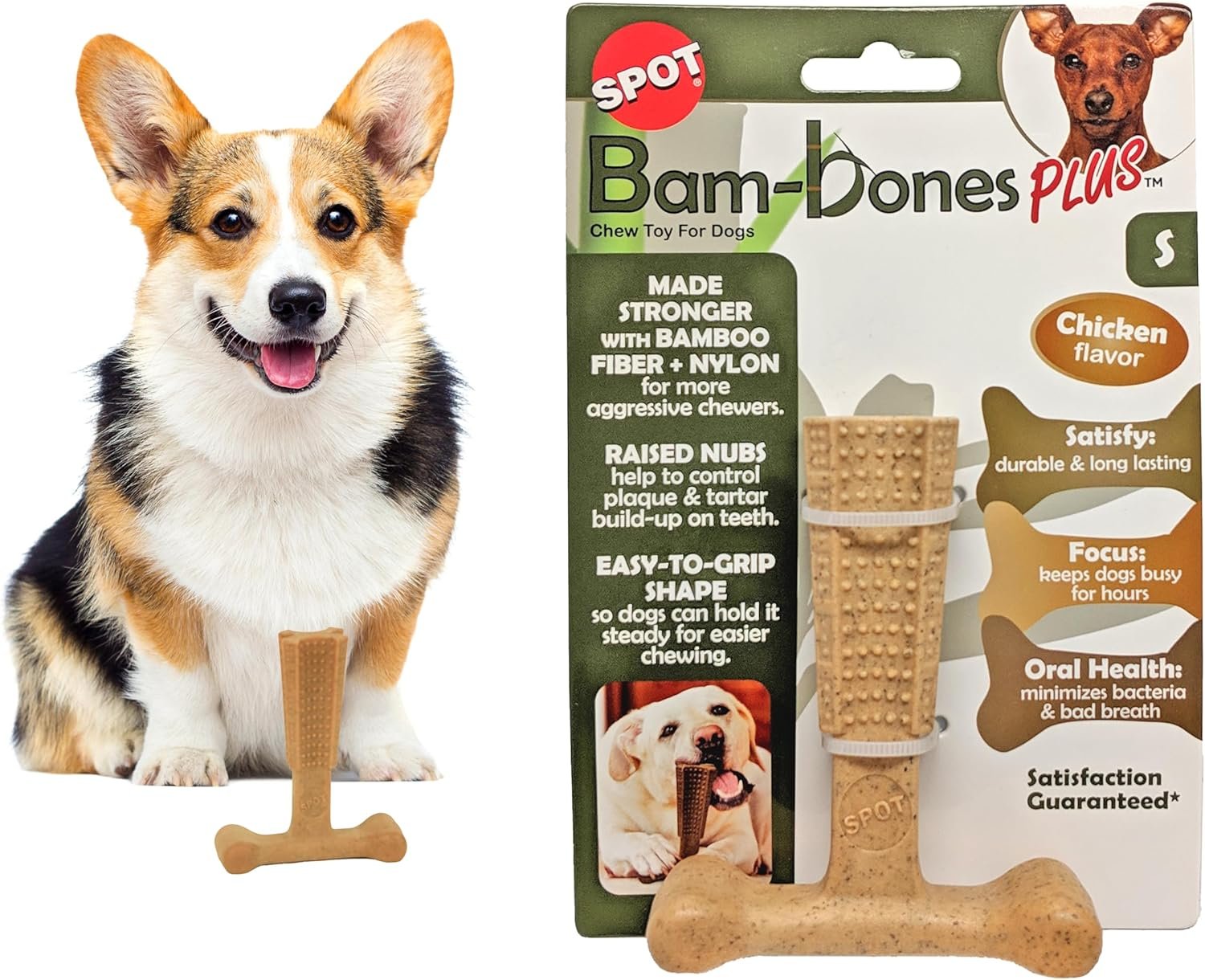 SPOT Bam-Bones Plus T-Bone, Bamboo Fiber & Nylon Dog Chew, Durable for Aggressive Chewers, Non-Splintering, for Adult Dogs & Teething Puppies Under 30lbs, 4in, Chicken Flavor