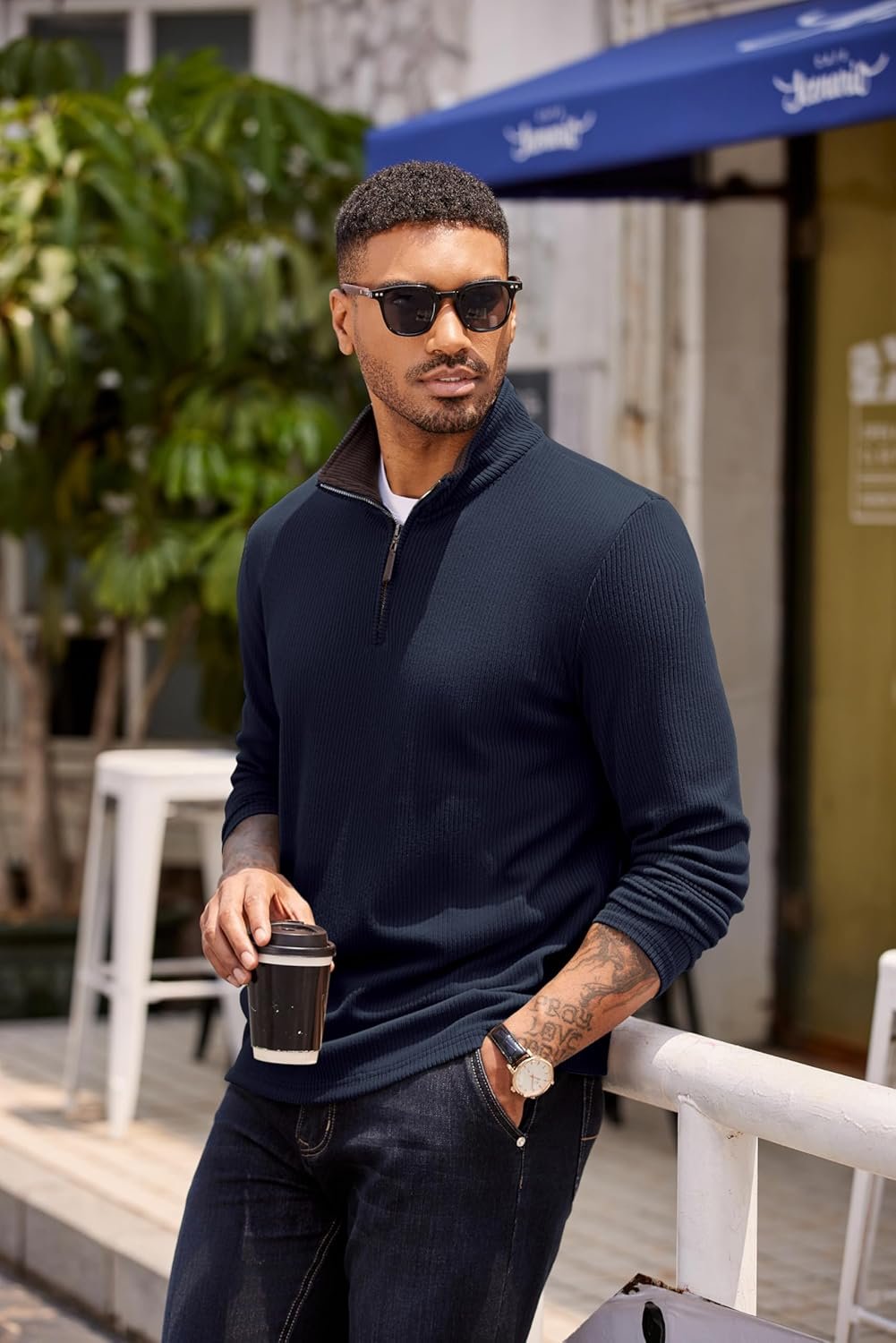 COOFANDY Mens Quarter Zip Pullover Lightweight Sweater Casual Long Sleeve Corduroy Half Zip Sweatshirt - Image 2