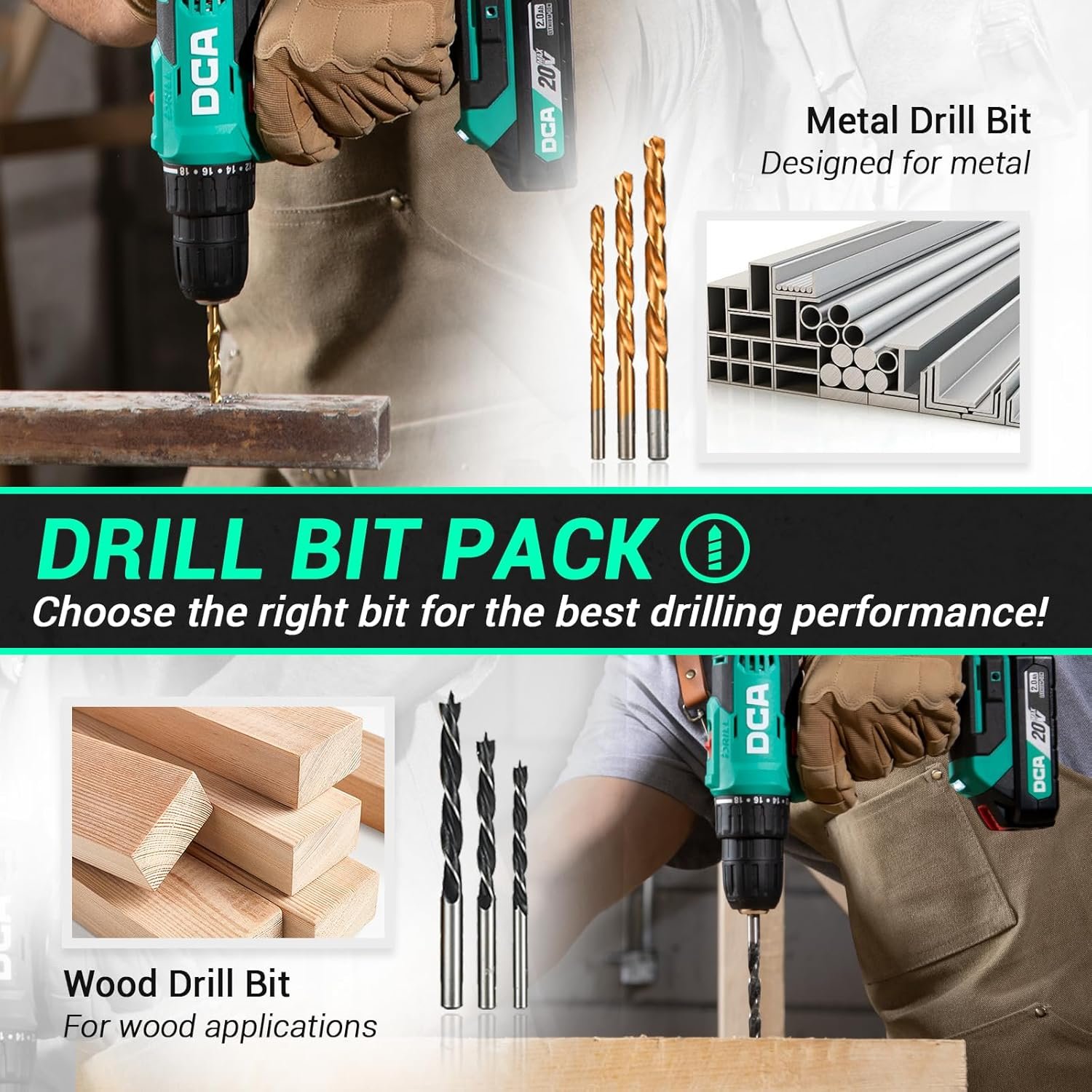 DCA Cordless Drill Set, 354 in-lbs Torque, 3/8" Keyless Chuck, Electric Power Drill with 2.0Ah Battery and Charger,18+1 Position,25-Piece 20V Drill Driver Kit, ADJZ2035 - Image 5