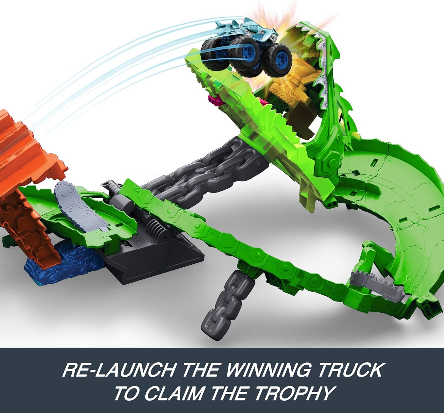 Hot Wheels Toy Monster Trucks, Sharks vs. Dinos Dragon Destruction Playset with 1:64 Scale Great Bite & Rageasaur, Race to Defeat The Cyborg Nemesis - Image 4