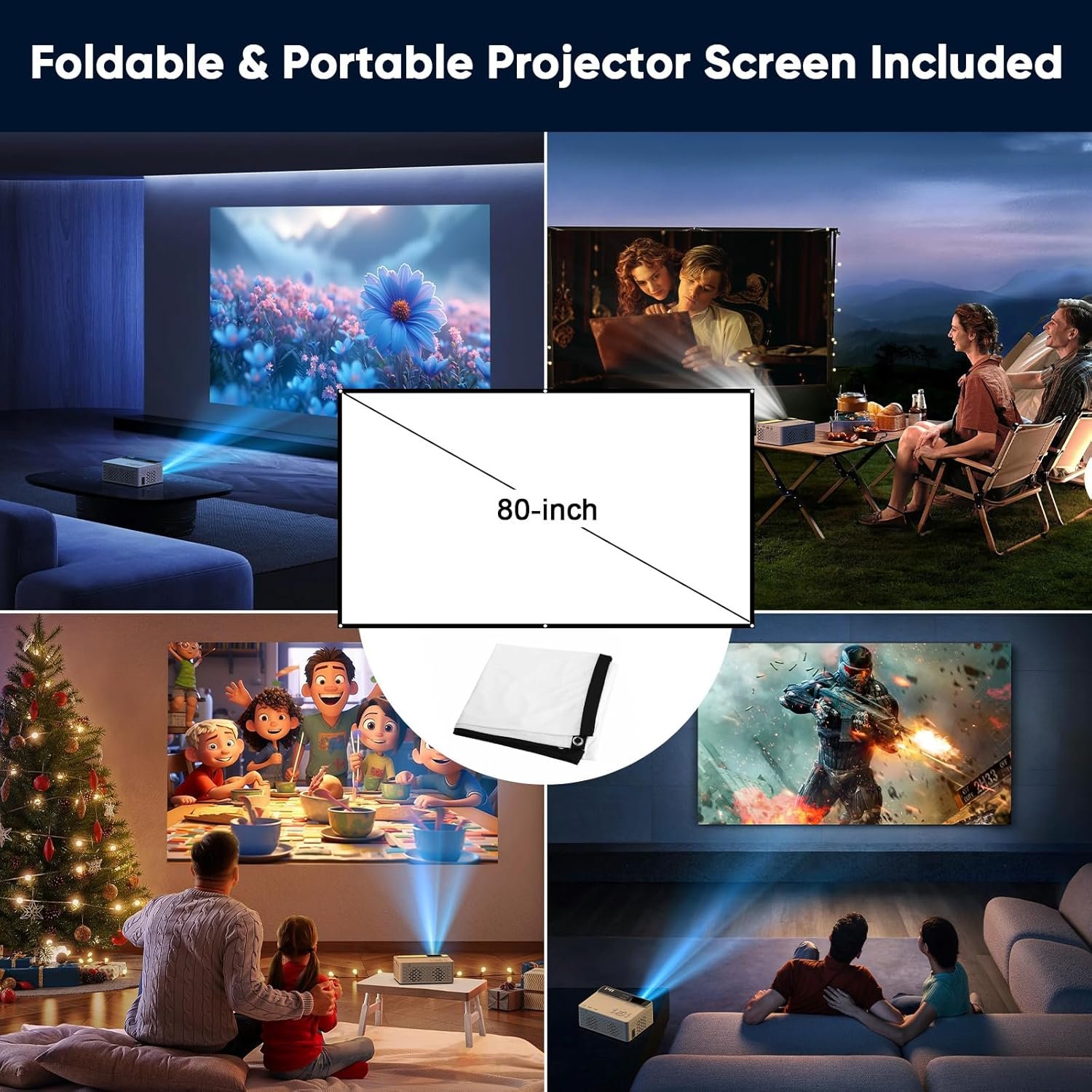 TMY 1080P Full HD Portable Mini Projector, Upgraded Bluetooth Movie Projector with Screen, Compatible with TV Stick Smartphone/HDMI/USB, Indoor & Outdoor Use - Image 2