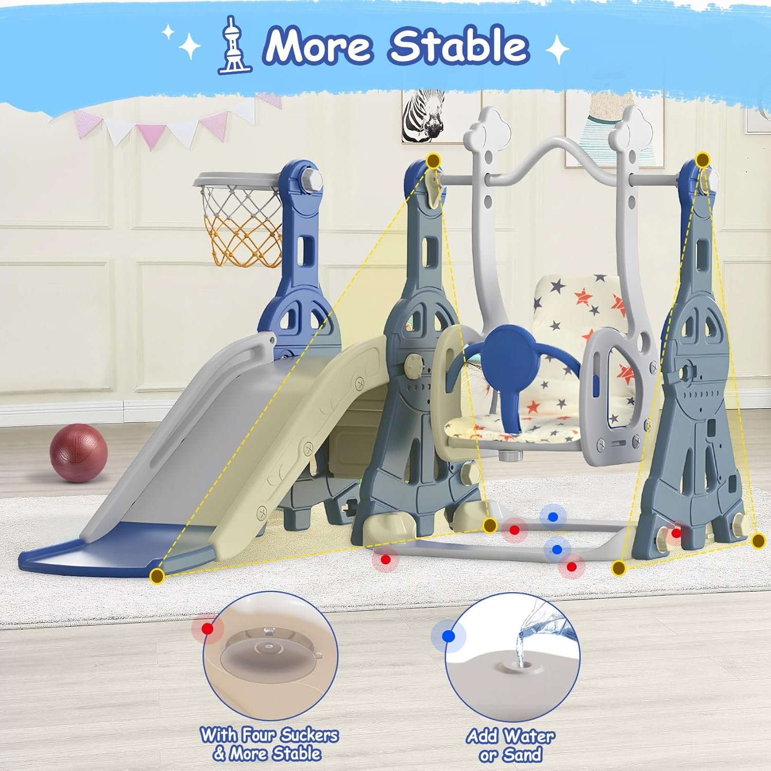 BIERUM 4 in 1 Toddler Slide and Swing Set, Baby Slide for Toddlers Age 1-2, with Basketball Hoop, Indoor Outdoor Toddler Playset Blue - Image 5