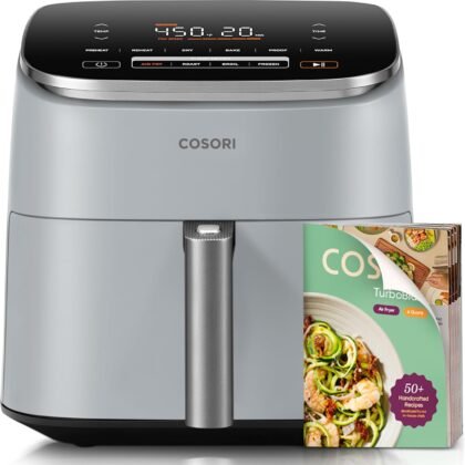Cosori 9-in-1 TurboBlaze Air Fryer 6 Qt, Premium Ceramic Coating, 90°–450°F, Precise Heating for Even Results, Air Fry, Roast, Bake, Broil, Dry, Frozen, Proof, Reheat, Keep Warm, 120V, Light Gray