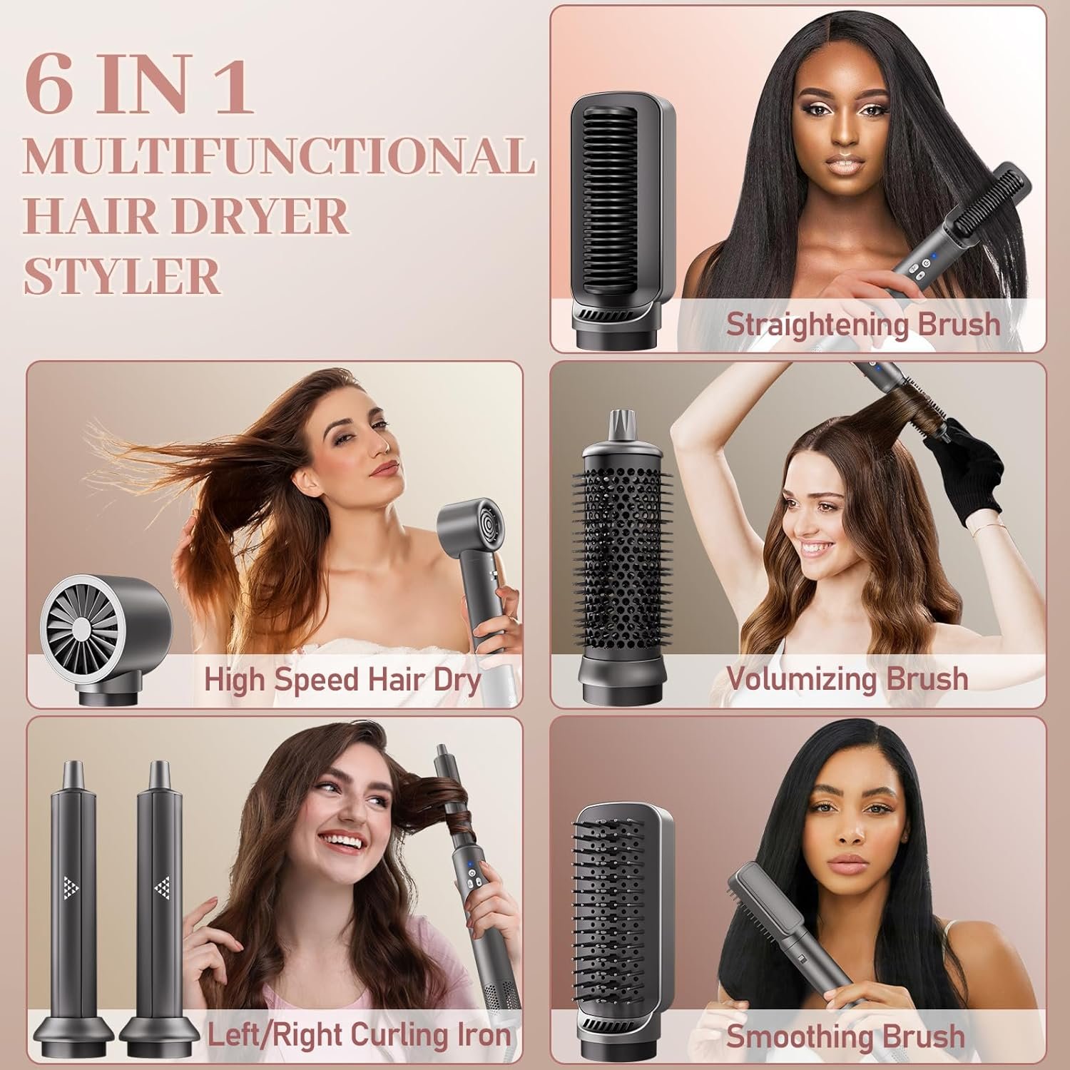 6 in 1 Air Styling & Drying System, Powerful High Speed Hair Dryer Brush & Multi-Styler with Auto Wrap Curlers,Hair Straightener Brush,Round Volumizing Brush,Soft Smoothing Brush - Image 8