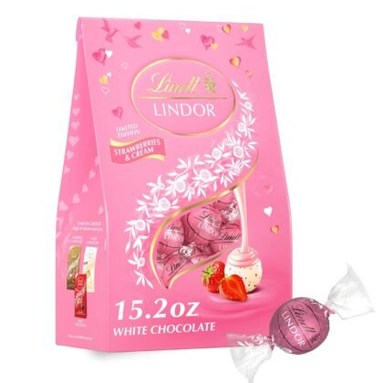 Lindt LINDOR Strawberries and Cream White Chocolate Candy Truffles, Valentine's Day White Chocolate with Strawberries and Cream White Truffle Filling, 15.2 oz. Bag