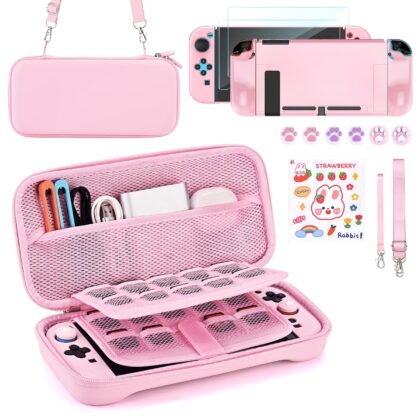 Younik Switch 2 Accessories Bundle, 15 in 1 Pink Switch 2 Accessories Kit for Girls Include Switch 2 Carrying Case, Shoulder Strap, Wrist Strap & Stickers, Protective Case for Switch Console & J-Con
