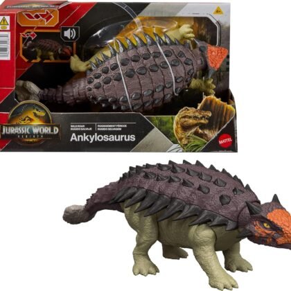 Mattel Jurassic World Rebirth Wild Roar Dinosaur Toy, Posable Ankylosaurus Figure, Tail Controlled Head Butt & Multi Attack & Sound, Digital Play
