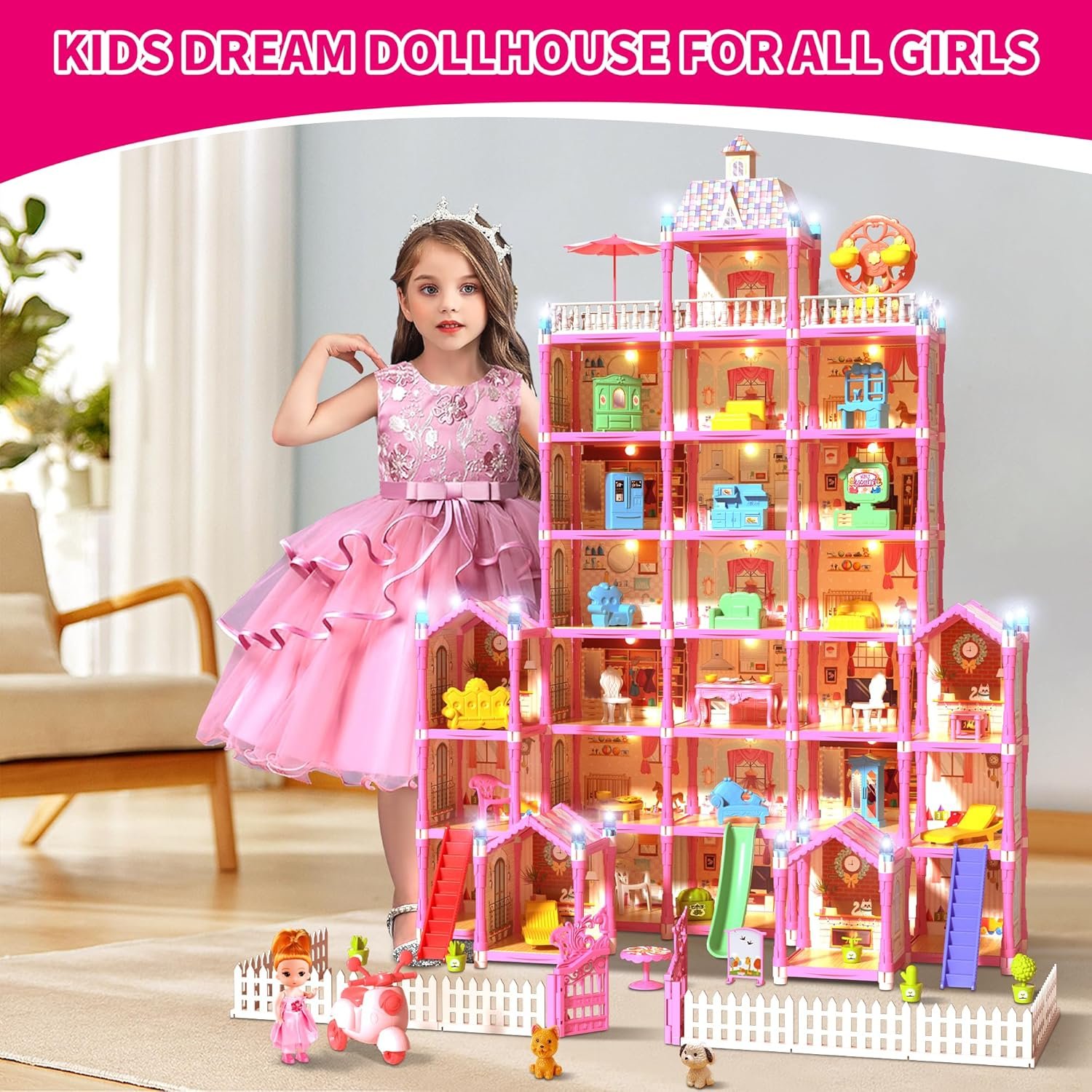 7-Story 29 Rooms Huge Doll House for Girls, Play House Toys Accessories and Furniture, Outdoor Girls Play Set, Pink, 2024 Christmas Toy, Easy Assembly Ideal for Kids - Image 3