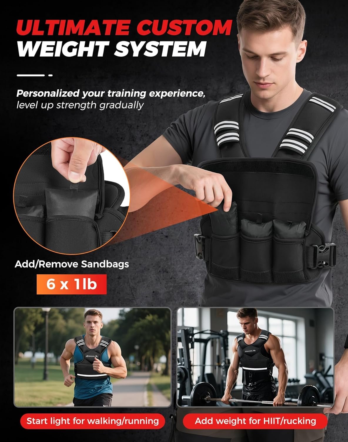 BAGAIL Adjustable Weighted Vest for Women & Men, 4-10lb/12-18lb/20-32lb Weight Vest for Home Workouts with 6 Ironsand Weights, Reflective Rucking Vest for Walking, Running, HIIT & Strength Training - Image 2