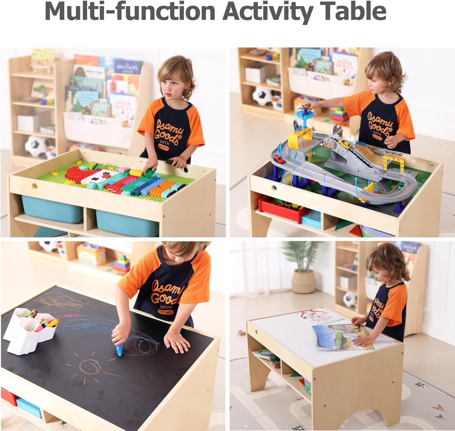 Kids 3-in-1 Wooden Art & Activity Table Playset Furniture with 4 Compartments for Storage, Play Table Compatible with Blocks&Bricks and Train Set for Preschool Toddler Boy & Girl (STD.) - Image 5