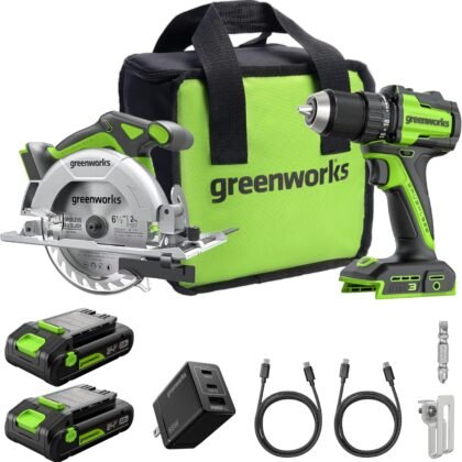 GREENWORKS 24V 1/2” Brushless Cordless Drill (400 In-lbs.) + 6.5” Circular Saw (4,800 RPM), (2) 2.0Ah (12,000mAh Power Bank) USB-C Batteries, Braided Cable, 65W Rapid Charger