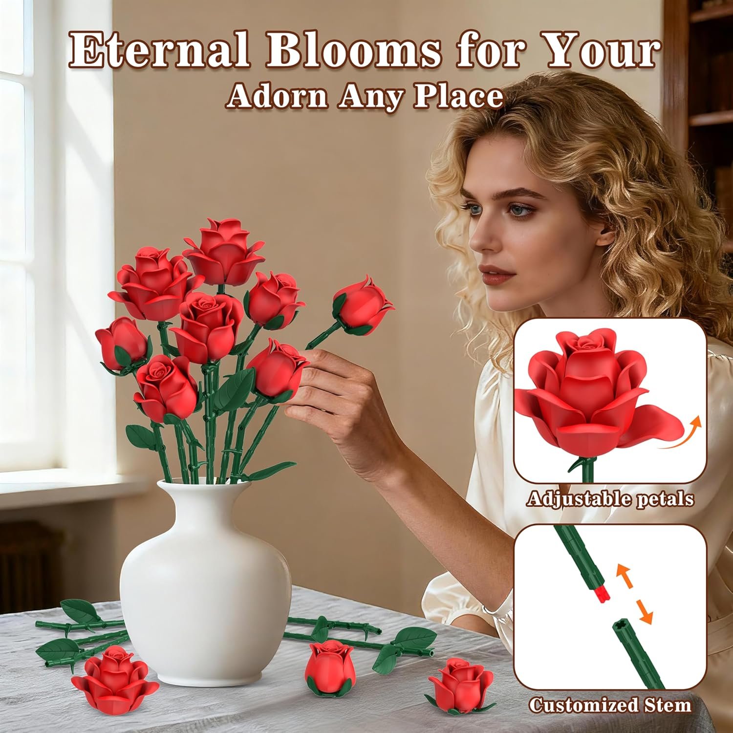 Red Roses Flower Bouquet Building Sets, 670Pcs Artificial Flowers Building Blocks Compatible with Lego Flowers Valentines Day Gifts for Her/Mom/Girlfriend/Wife/Couple Romantic Table Home Decor - Image 7