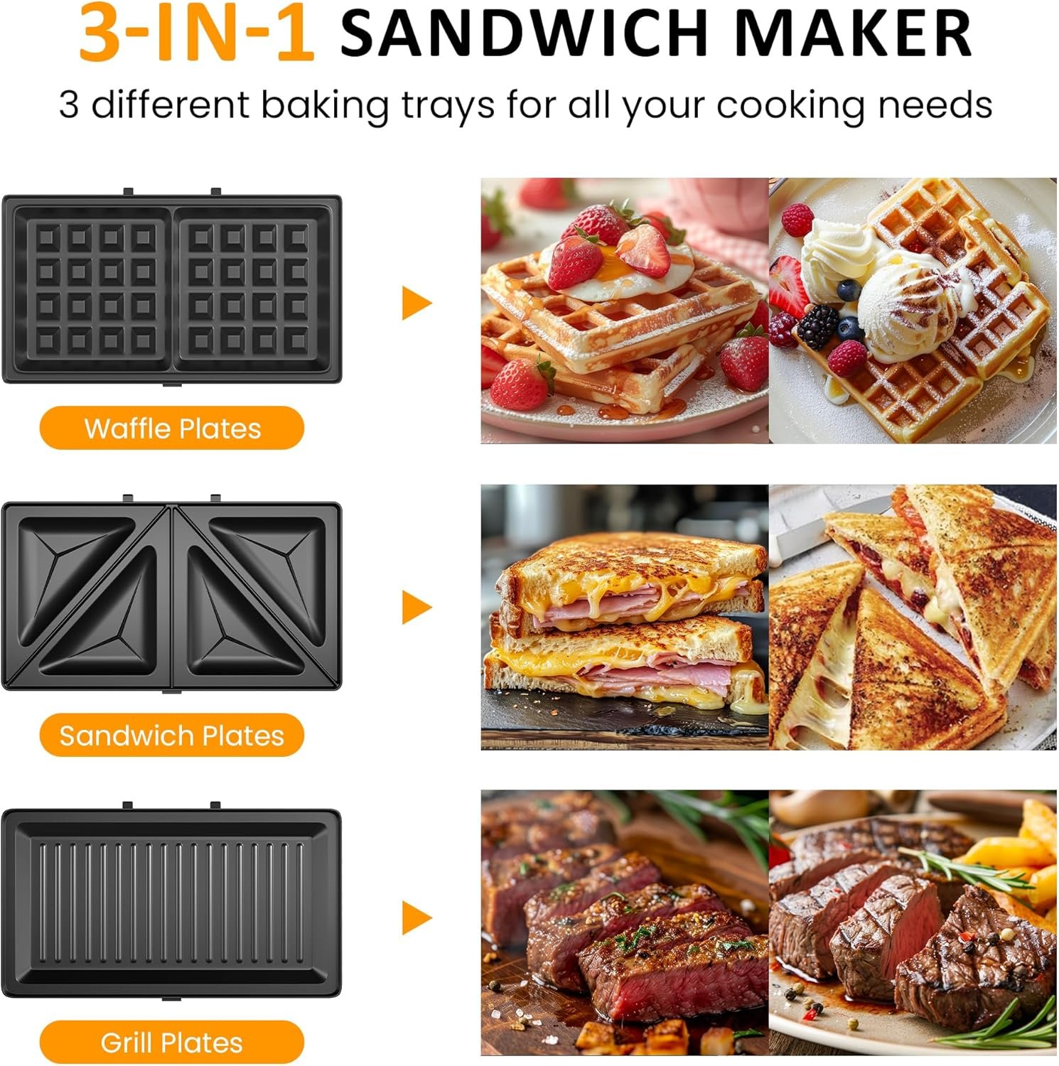 Sunvivi 3 in 1 Electric Sandwich Maker: Panini Press Grill and Waffle Iron Set, Grill and Sandwich Press with Removable Nonstick Plates, Indicator Lights & Cool Touch Handle, 800W, Black - Image 2