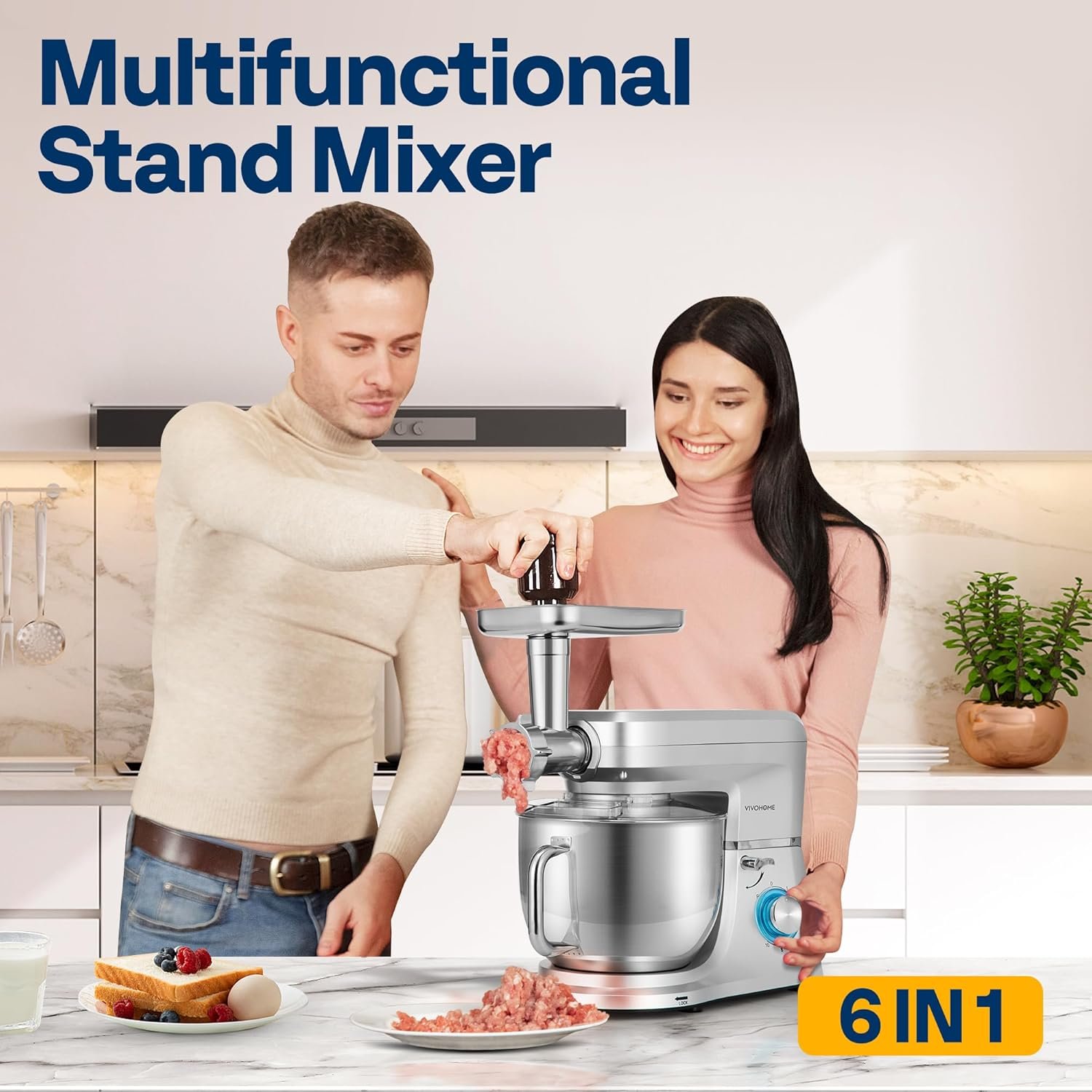 VIVOHOME 6-in-1 Stand Mixer, 8.5 Quart Electric Tilt-Head Kitchen Mixer with Bowl, Multifunctional Food Mixer for Cake, Bread, and Dough, with Meat Grinder, Blender, Pasta Maker Attachments, Silver - Image 2