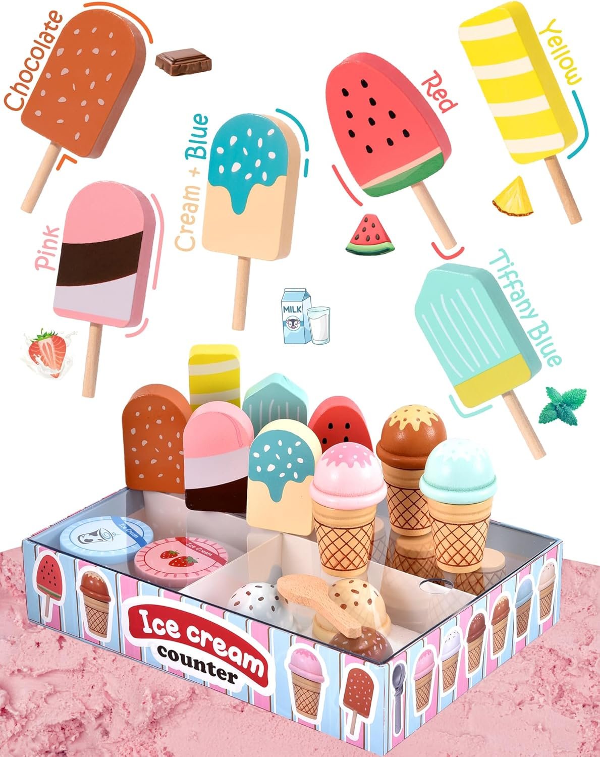 Wooden Ice Cream Toys Kids Kitchen Play Store for Toddlers Girls, Play Kitchen Accessories with Scoop & Menu & Fake Money, Wooden Toys for 3 4 5 Year Old Girls Boys Birthday - Image 5