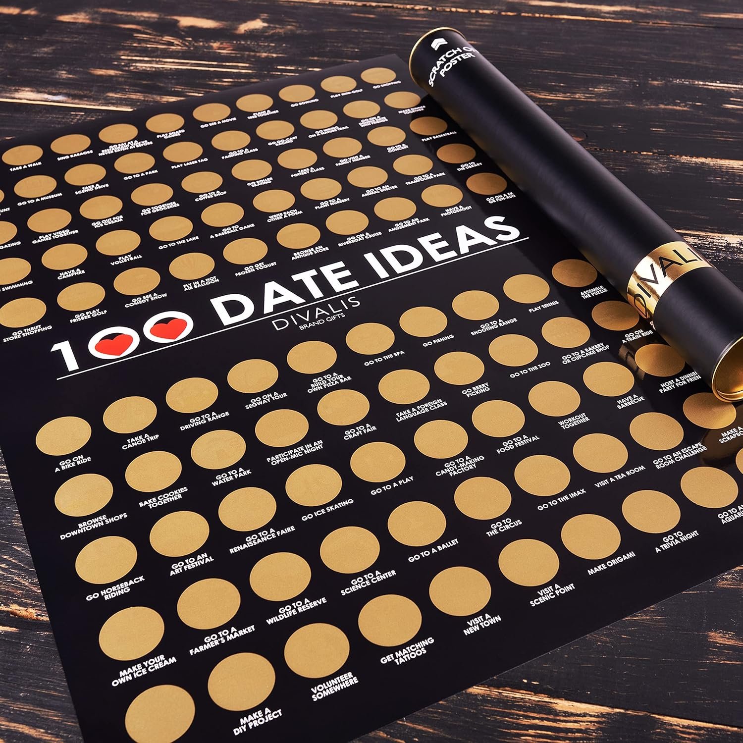Divalis 100 Dates Scratch off Bucket List - Scratching Adventure Couple Things to Do Poster Scratchable Motivational Archievements Checklist, Black and Gold, L - Image 6