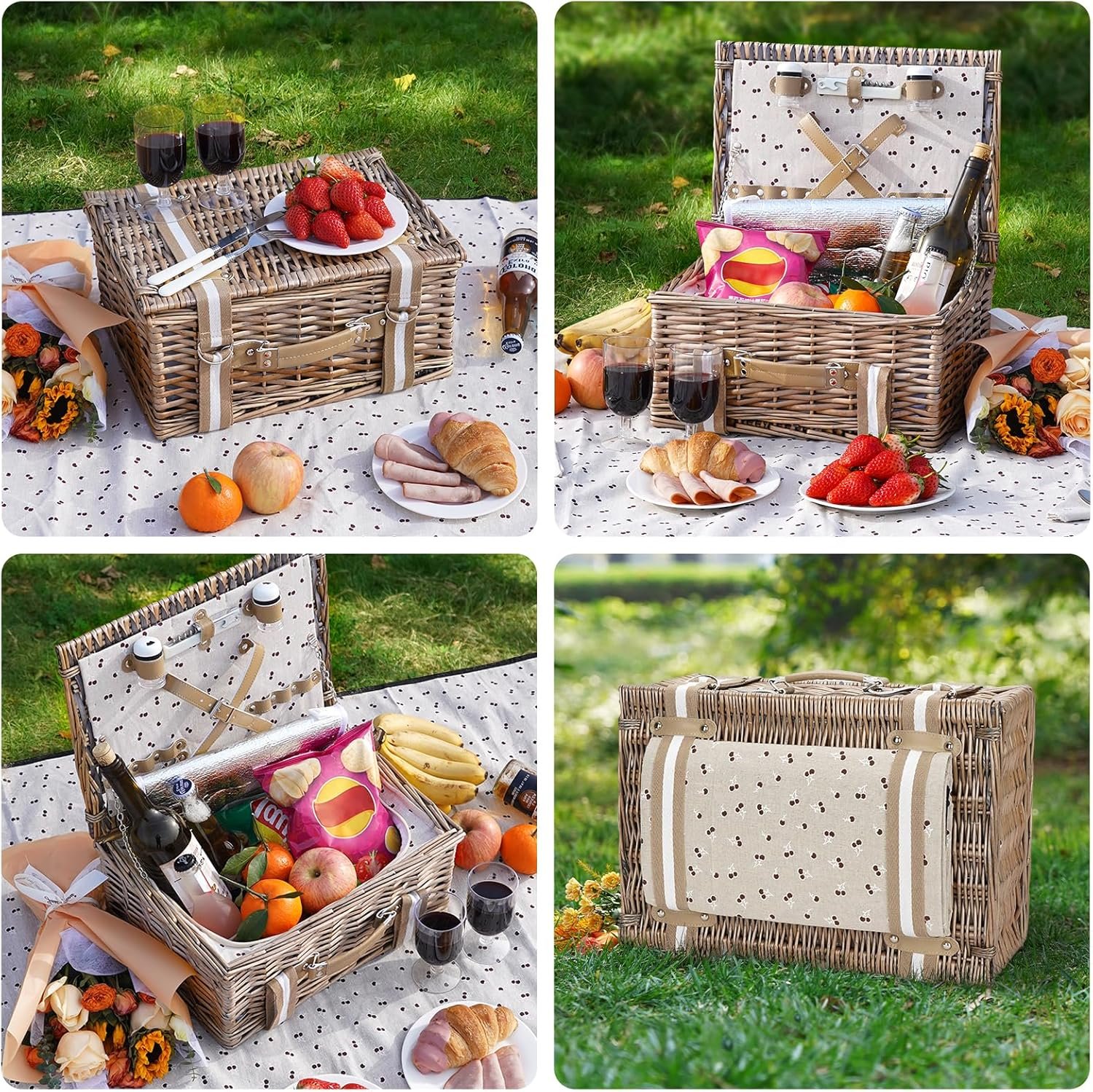 Willow Picnic Basket Set for 2 Persons with Large Insulated Cooler Bag and Waterproof Picnic Blanket, Wicker Picnic Hamper for Camping,Outdoor,Birthday - Image 8