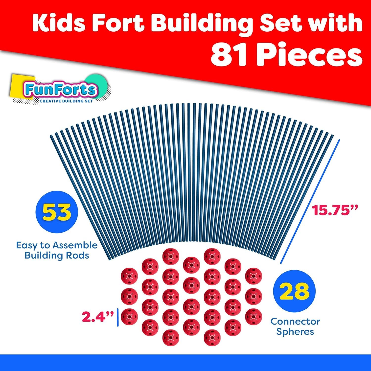 Power Your Fun Fun Forts Kids Tent - 81 Pack Fort Building STEM Toys Kit, Construction Toys Play Tent Indoor and Outdoor Playhouse for Kids with 53 Rods and 28 Spheres (Red, Blue) - Image 6