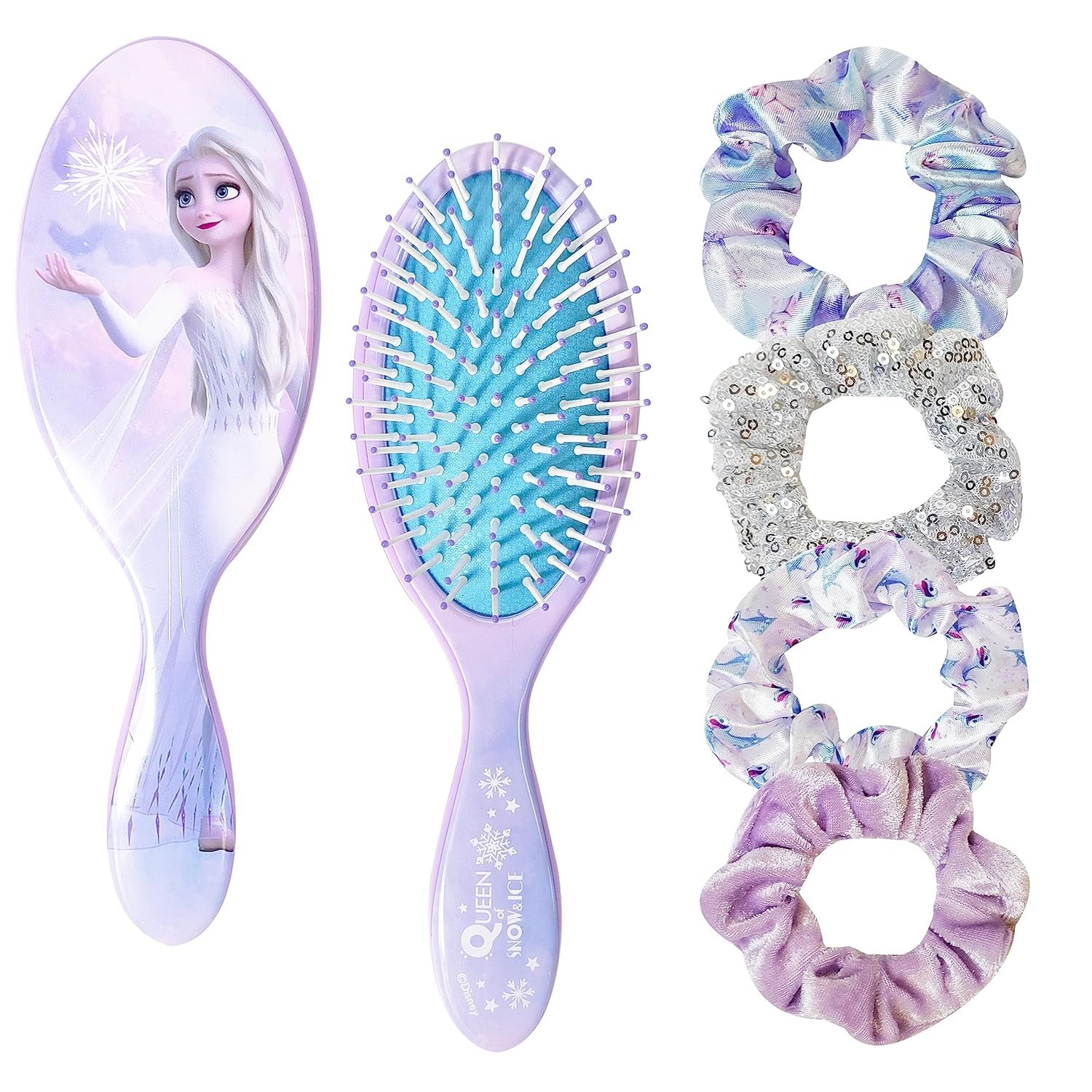 Frozen Princess Elsa Hair Accessory 5 Pcs Set - 1 Regular 9 inch Frozen Hairbrush & 4 Frozen Scrunchies - Detangling Brush & Elastic Hair Ties Ropes for Girls, Ages 3+