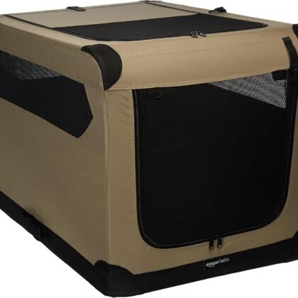 Amazon Basics Folding Soft Crate for Cat, Dog, Rabbit, Portable and Collapsible, 36 Inch, Tan, L 36" x 24" x 24"