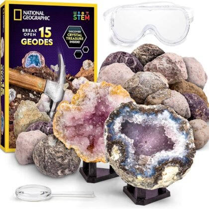 NATIONAL GEOGRAPHIC Break Open 15 Premium Geodes Science Kit - Goggles, Detailed Learning Guide, 3 Display Stands, Great STEM Science Toy & Educational Gift