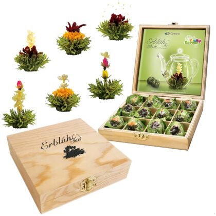 Creano Flowering Abloom Tea - Blooming Gift Set in Stylish Wooden Box, 12pcs