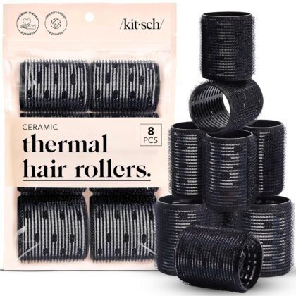 Kitsch Ceramic Thermal Hair Rollers for Women – Self Grip Hair Curlers for Heatless Curls Overnight - Volumizing Large Rollers for Short & Long Hair - For Long Lasting Frizz-Free Curls - Black, 8pcs