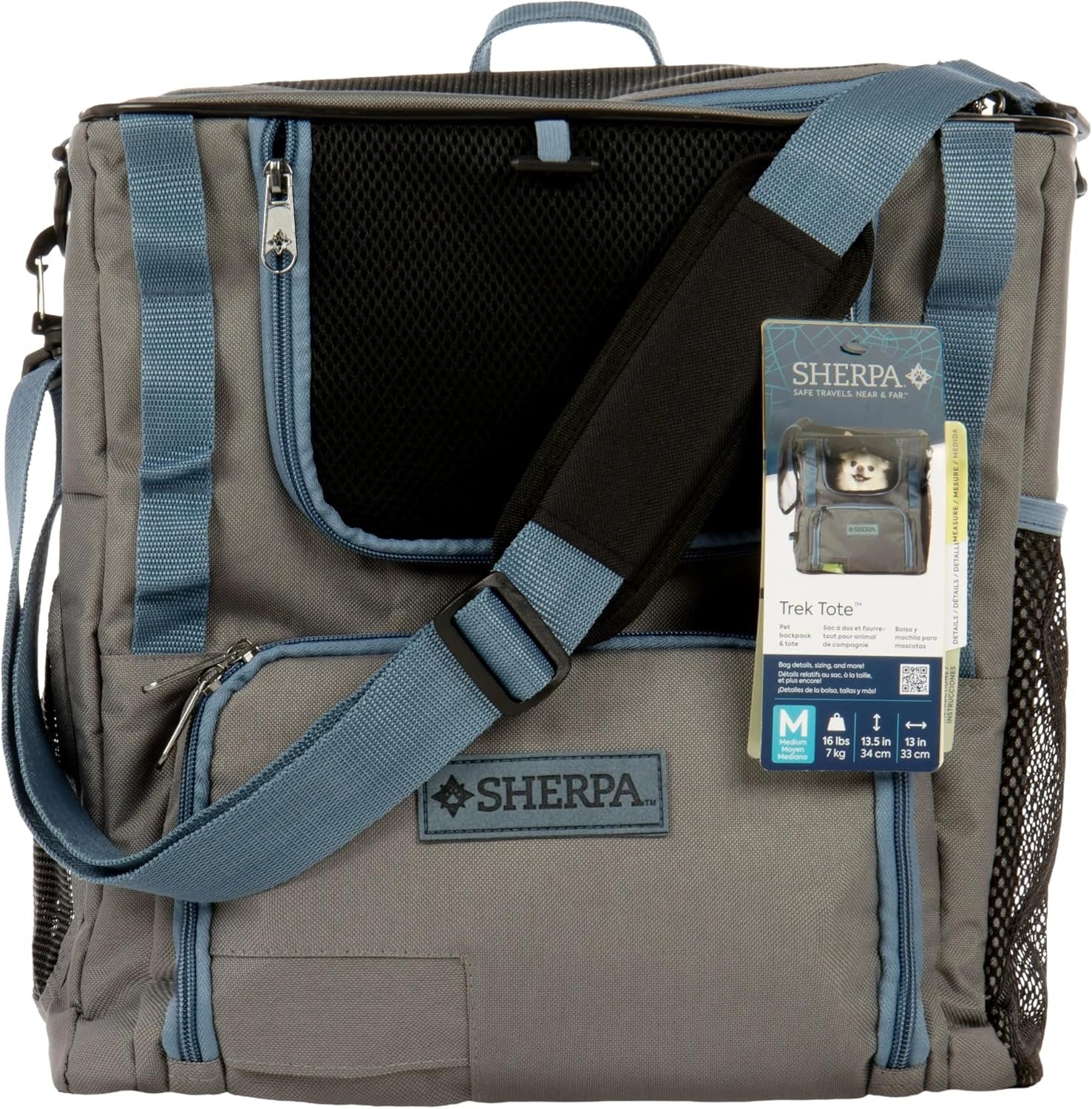 Sherpa Gray Trek Tote 2-in-1 Pet Backpack & Tote for Cats & Dogs, Medium