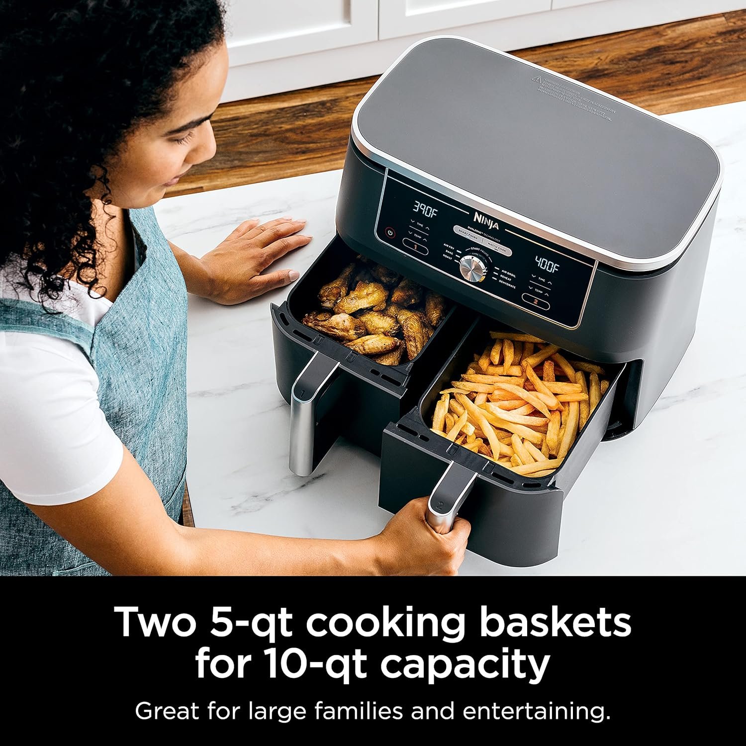 Ninja DZ401 Foodi 10 Quart 6-in-1 DualZone XL 2-Basket Air Fryer with 2 Independent Frying Baskets, Match Cook & Smart Finish to Roast, Broil, Dehydrate for Quick, Easy Family-Sized Meals, Grey - Image 4