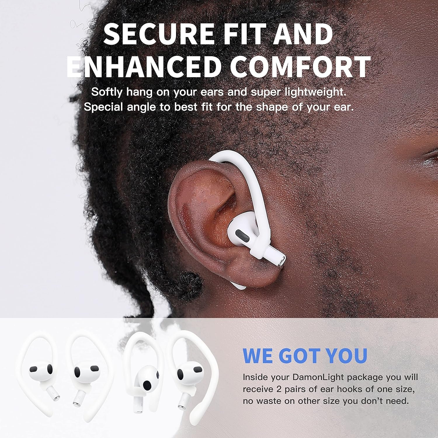 DamonLight Ear Hooks 2 Pairs for AirPods Pro 2 & 1, AirPods 4 & 3, Anti-Slip Comfortable Fit, Ergonomic Design, Accessories (Small, White) - Image 3