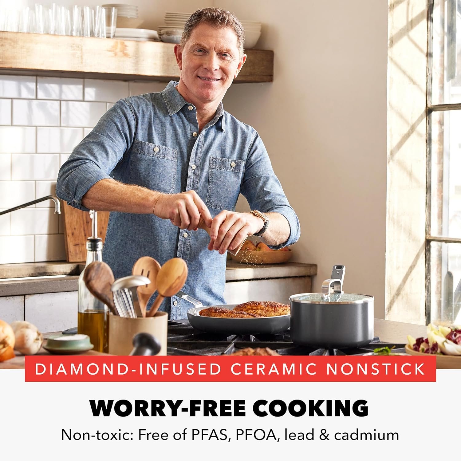 GreenPan x Bobby Flay 13 Piece Nonstick Cookware Pots and Pans Set, PFAS-Free Diamond Ceramic, Induction Suitable, Easy Clean Dishwasher & Oven Safe, Stay-Cool Silicone Handles, Glass Lids, Graphite - Image 2