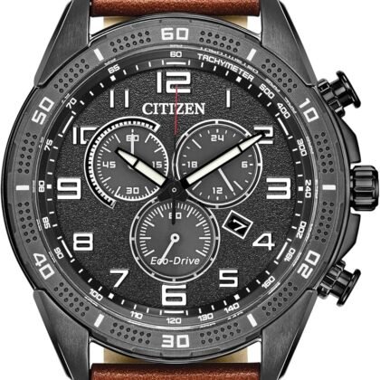 Citizen Men's Eco-Drive Weekender Chronograph Watch in Black IP Stainless Steel with Brown Leather strap, Black Dial (Model: AT2447-01E)