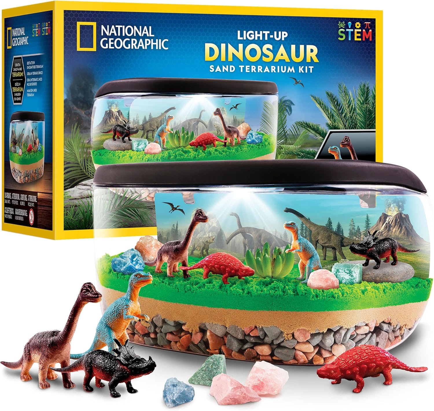 National Geographic Light-Up Dinosaur Terrarium Kit for Kids – Build a Prehistoric Habitat with Play Sand, Real Gemstones & Dino Figures, Science Activity Kit for Boys & Girls