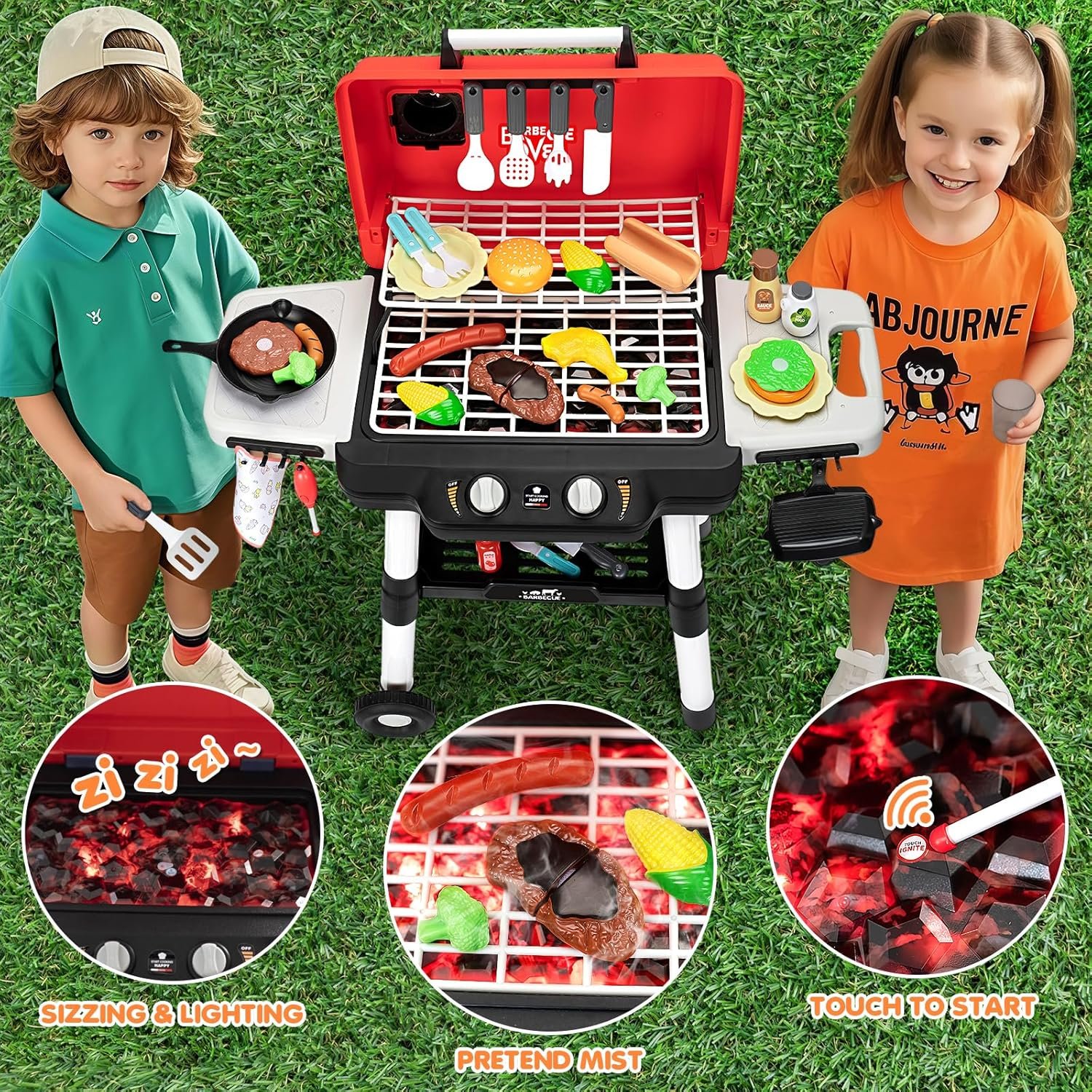 Kids Play Kitchen Toys, Kids BBQ Grill Playset with Smoke Sound Light, 2-Layer Barbecue Toy with Wheels, Outdoor Play Food Toys Cooking Set for Toddlers 3-5, Birthday for Boys Girls - Image 5