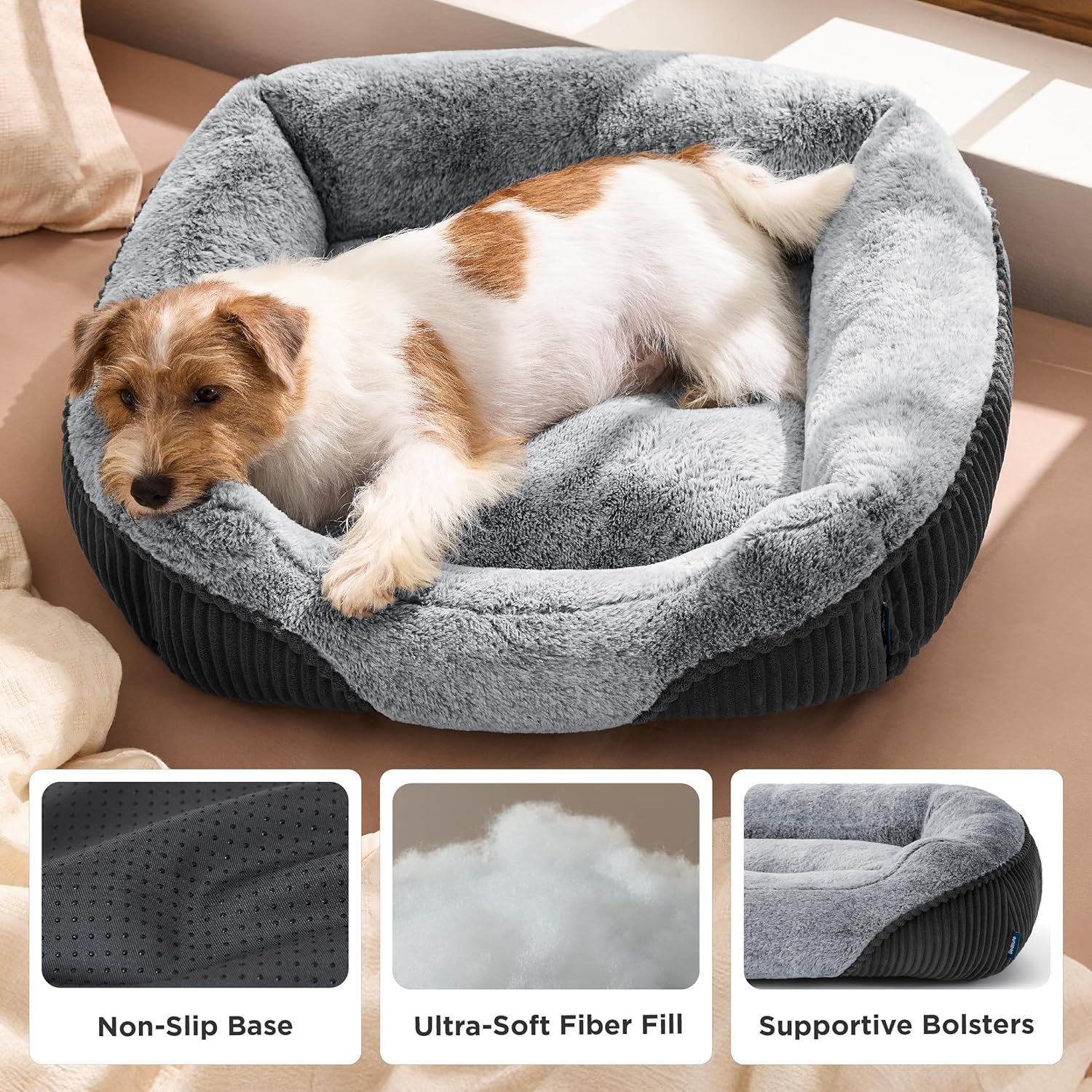 Bedsure Washable Dog Bed Small Medium Size Dog - Rectangle Fluffy Plush Pet Bed Puppy Bed, Comfy Corduroy Fleece and Nonskid Bottom,25x21x7inches,Suitable for Pet Up to 20lbs,Grey - Image 3