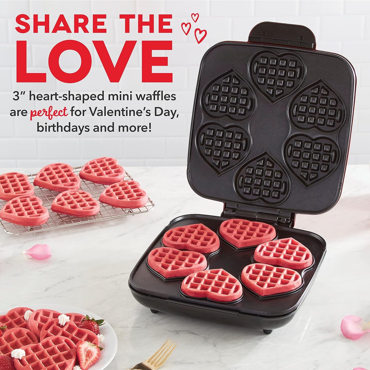 Dash Multi Mini Heart Waffle Maker - Waffle Maker for Family Breakfasts - Dual Nonstick Heating Plates & Easy-Release Surface - Compact & Fast-Heating - Red Heart - Image 2