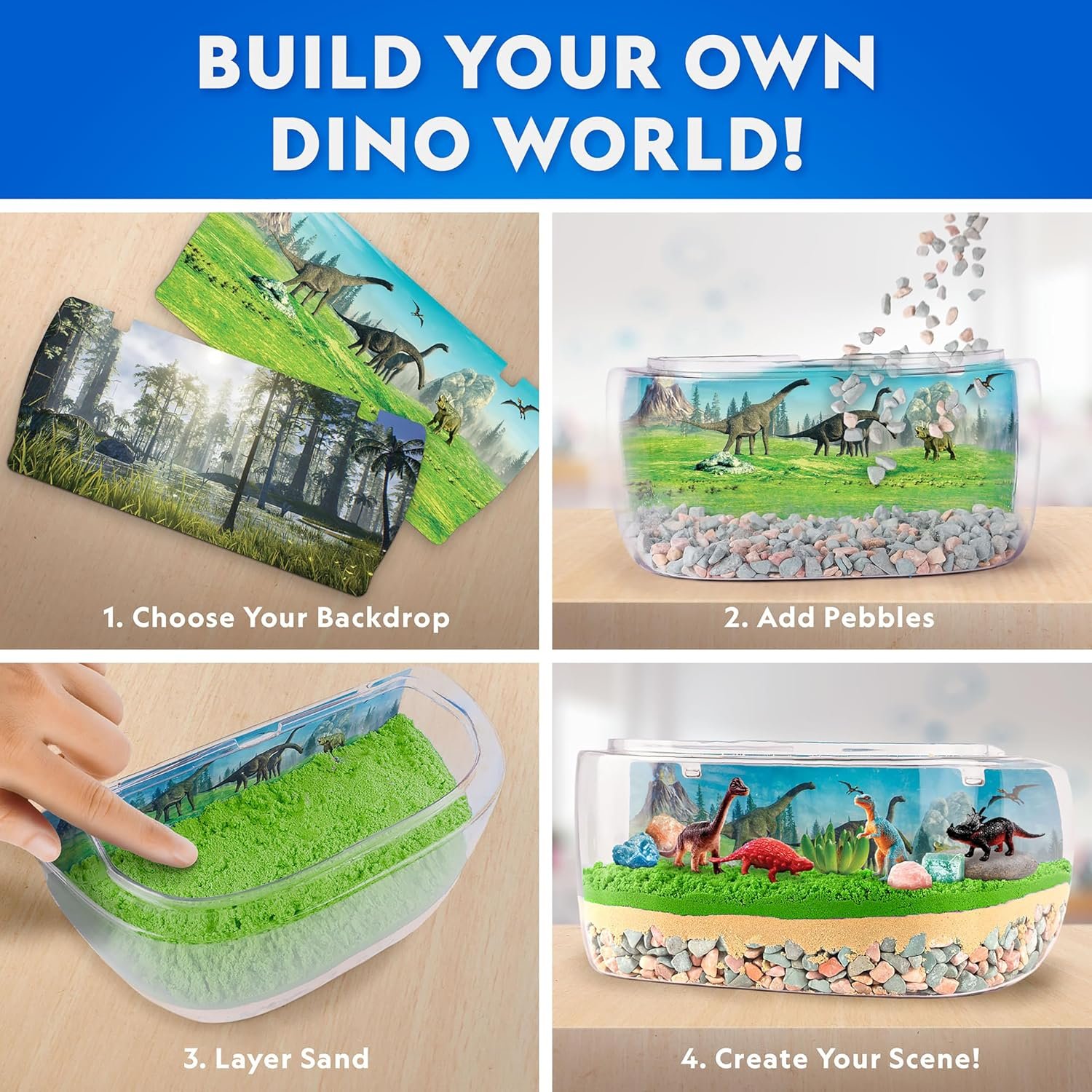National Geographic Light-Up Dinosaur Terrarium Kit for Kids – Build a Prehistoric Habitat with Play Sand, Real Gemstones & Dino Figures, Science Activity Kit for Boys & Girls - Image 2