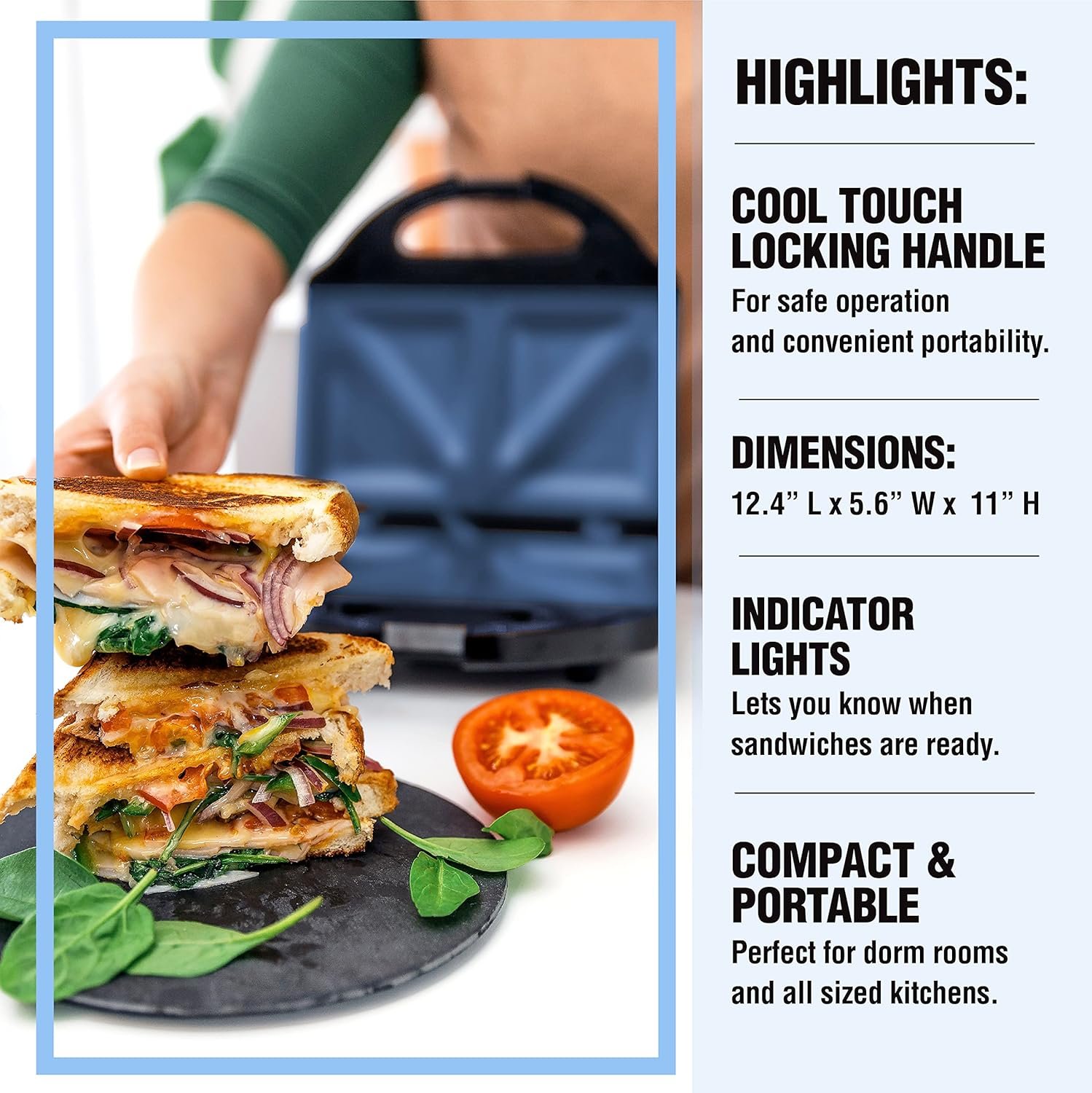 Granitestone Sandwich Maker, Toaster & Electric Panini Grill with Ultra Nonstick Mineral Surface - Makes 2 Sandwiches in Minutes with Virtually No Clean Up, with Easy Cut Edges and Indicator Lights - Image 3