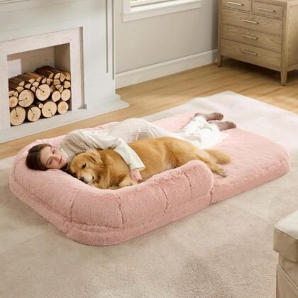 Bedsure Foldable Human Dog Bed for People Adults, 2 in 1 Calming Human Size Giant Dog Bed Fits Pet Families with Egg Foam Supportive Mat and Waterproof Liner, Faux Fur Orthopedic Pet Sofa, Pink