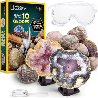 National Geographic Break Open 10 Premium Geodes – Includes Goggles & 2 Display Stands - Great STEM Science Kit, Geology Gift for Kids, Break Your Own Geodes with Crystals