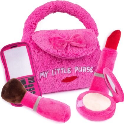 Talking Plush Pocketbook | Pretend Purse for Girls | Toddler Play Handbag With 4 Talking Accessories | Makeup Brush, Red Lipstick, Compact Mirror, & Cell Phone