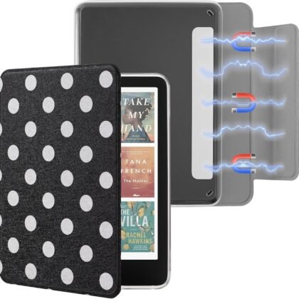 SESENSE Detachable Magnetic Case for 7'' Kindle Paperwhite 12th Gen 2024 and Kindle Colorsoft Signature Edition, Slim PU Shell Cover Case with Auto Wake/Sleep, White Polka Dots