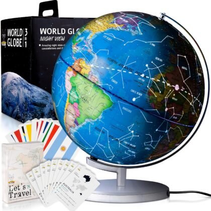 9" Illuminated Educational Kids World Globe + STEM Flags & Countries Interactive Card Game. 3 in 1 Children Desktop Spinning Earth Political & Constellation Maps, LED Night Light Lamp