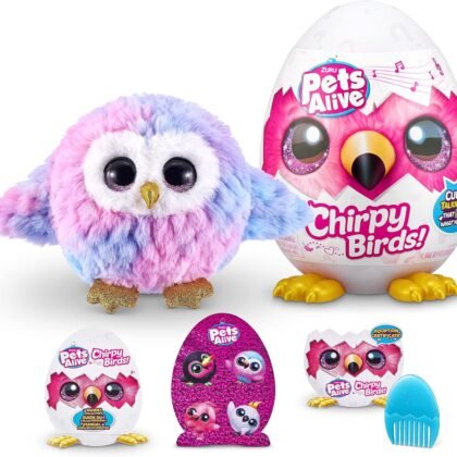 Pets Alive Chirpy Birds (OWL) by ZURU, Electronic Pet That Speaks, Giant Surprise Egg, Stickers, Comb, Fluffy Clay, Bird Animal Plush for Girls