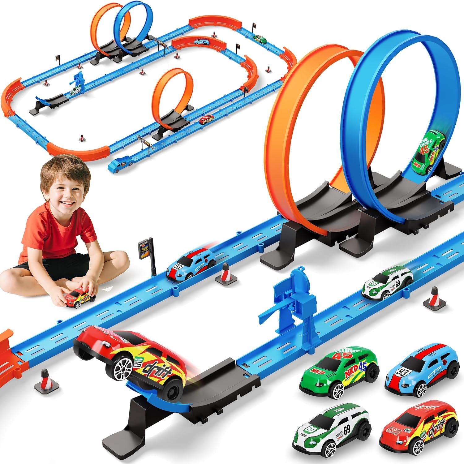 Slot Car Race Track Sets with 360° Thrill Loops & 4 High-Speed Cars, 64 Pcs Large Flexible Racing Track for Kids Ages 3-5 4-8 8-12, Race Car Toys Gift for Boys Girls Birthday Christmas