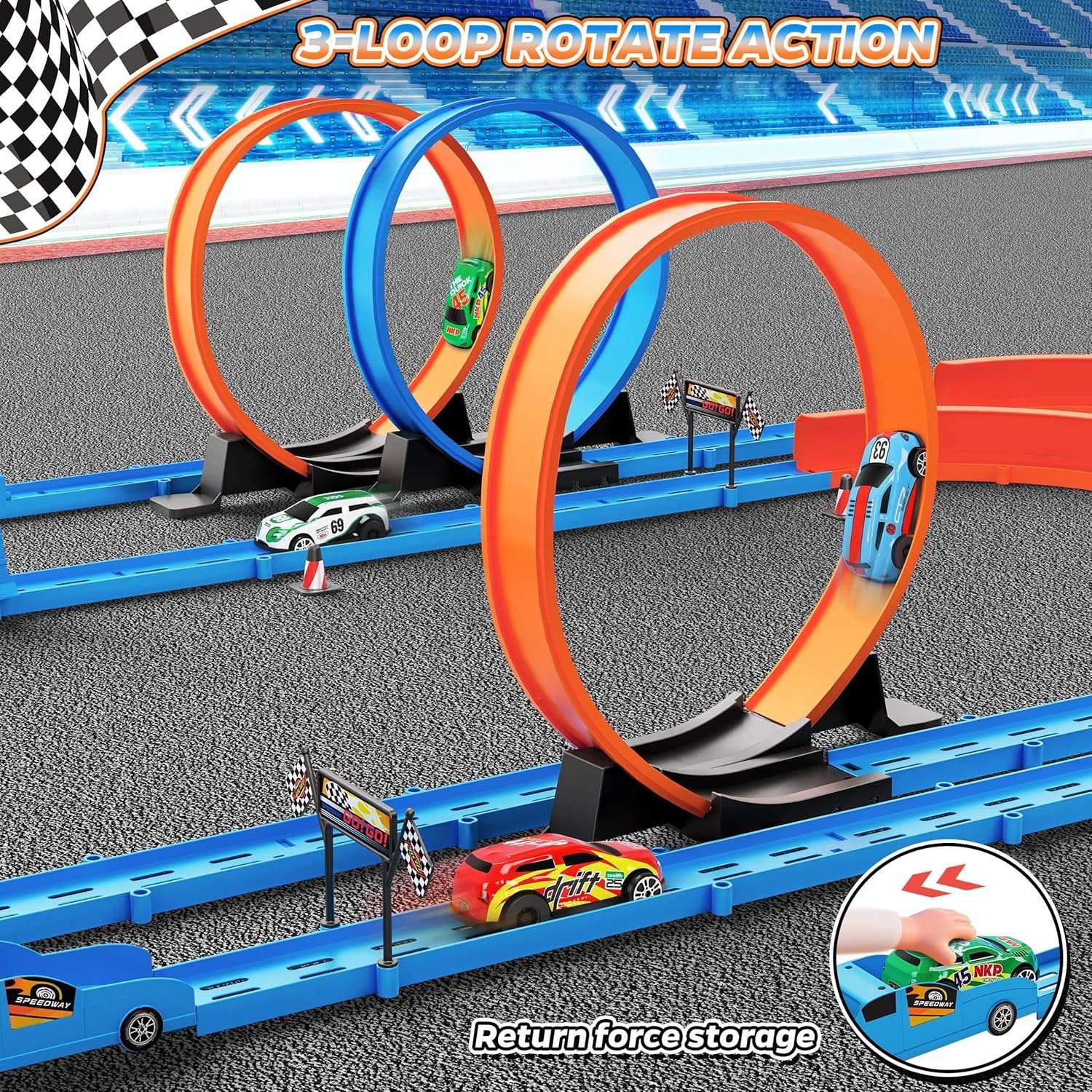 Slot Car Race Track Sets with 360° Thrill Loops & 4 High-Speed Cars, 64 Pcs Large Flexible Racing Track for Kids Ages 3-5 4-8 8-12, Race Car Toys Gift for Boys Girls Birthday Christmas - Image 3