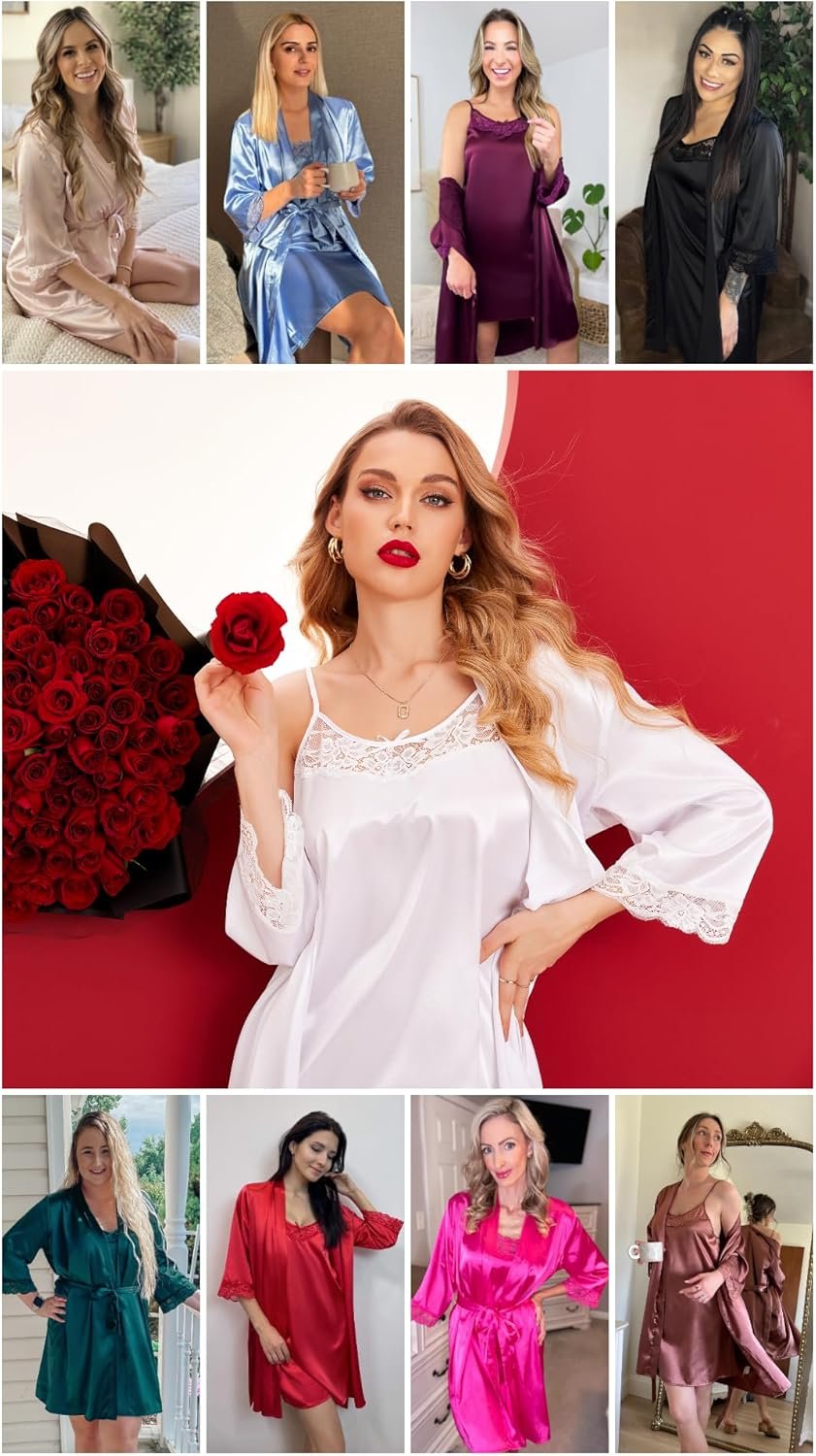Ekouaer Sleepwear Women's Satin Nightgown with Robes Set 2 Piece Sexy Lace Cami Nightwear - Image 5