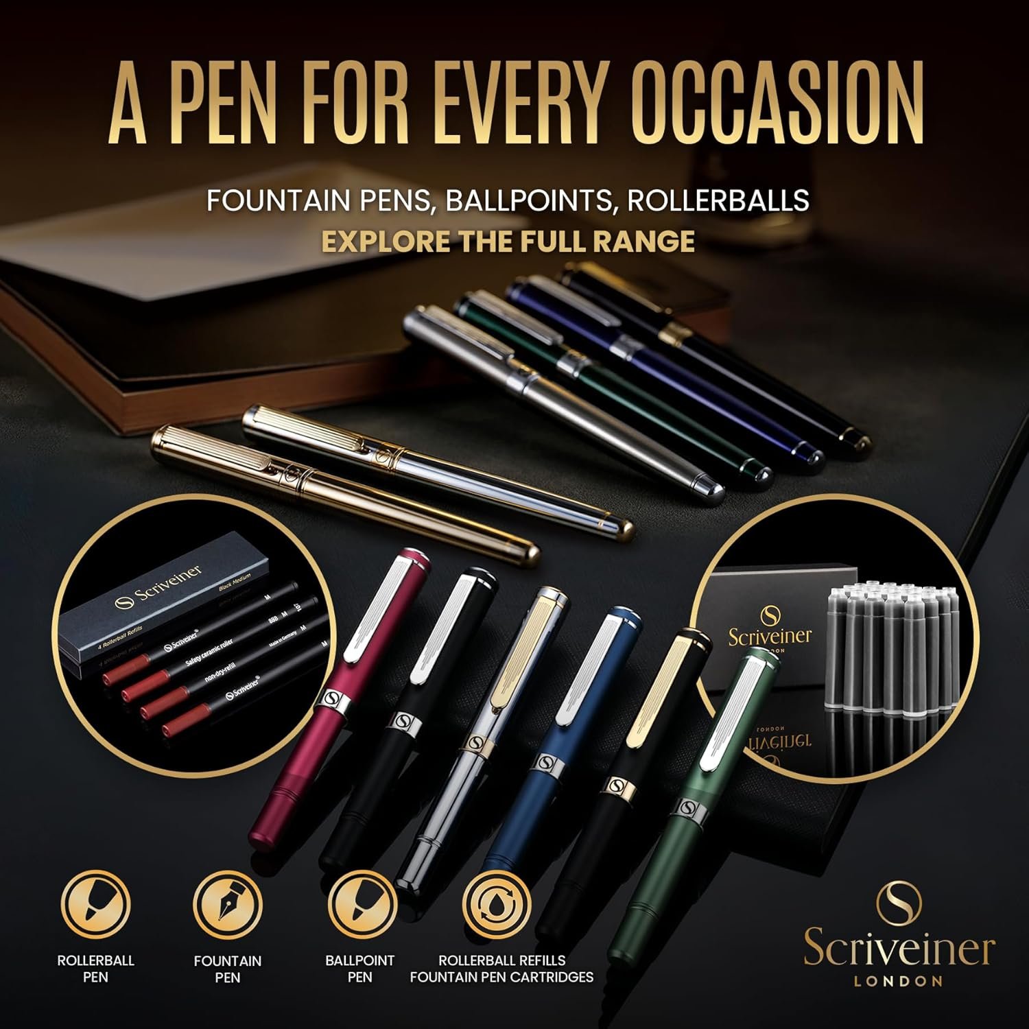 Scriveiner Silver Chrome Rollerball Pen - Stunning Luxury Pen, Real Gold Plating, Schmidt Ink Refill, Best Roller Ball Pen Gift Set for Men & Women, Professional, Executive Office, Fancy Pens - Image 6